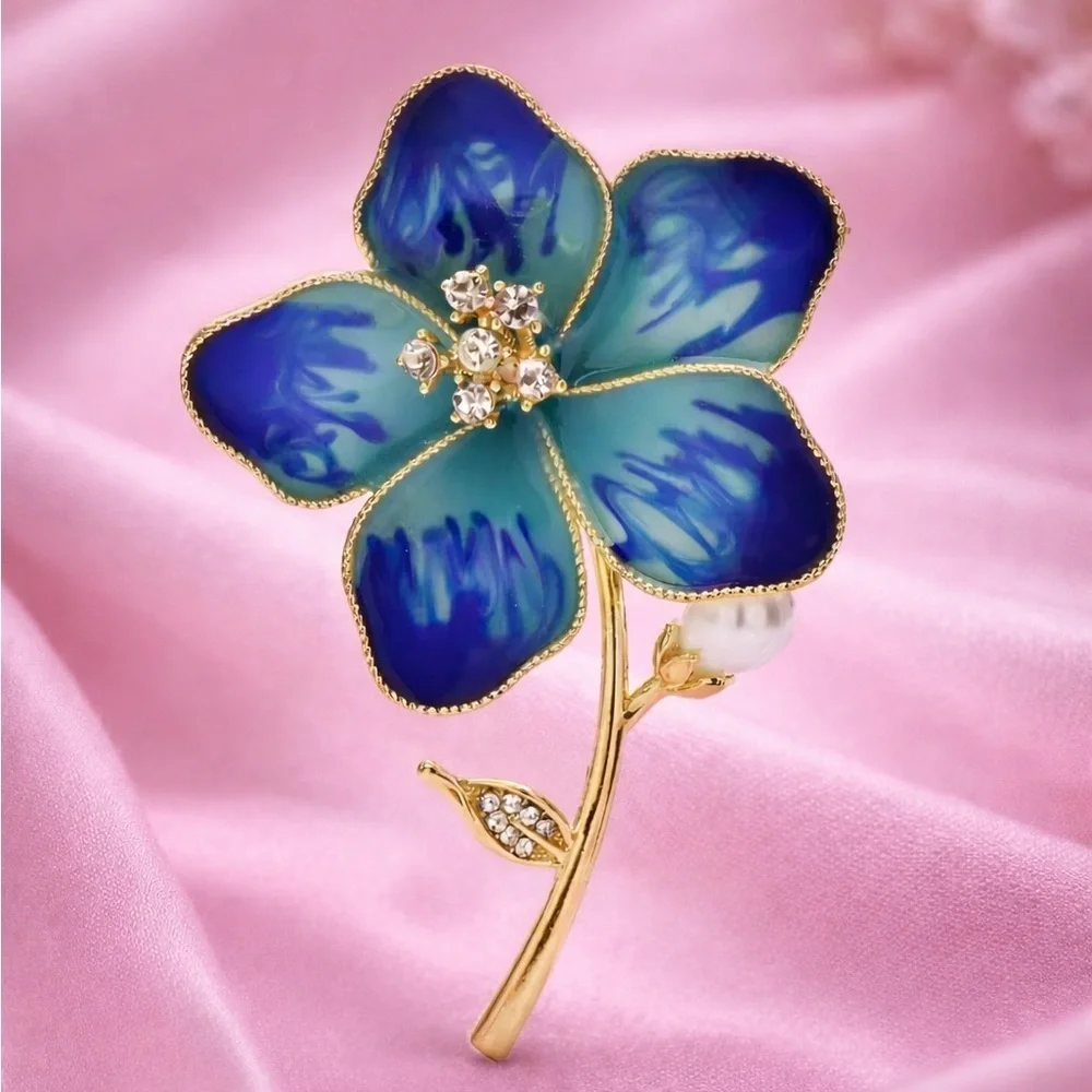 Blue Floral Gold Brooch